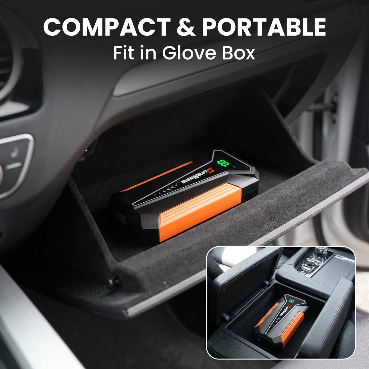 Compact A20 jump starter for glove box storage