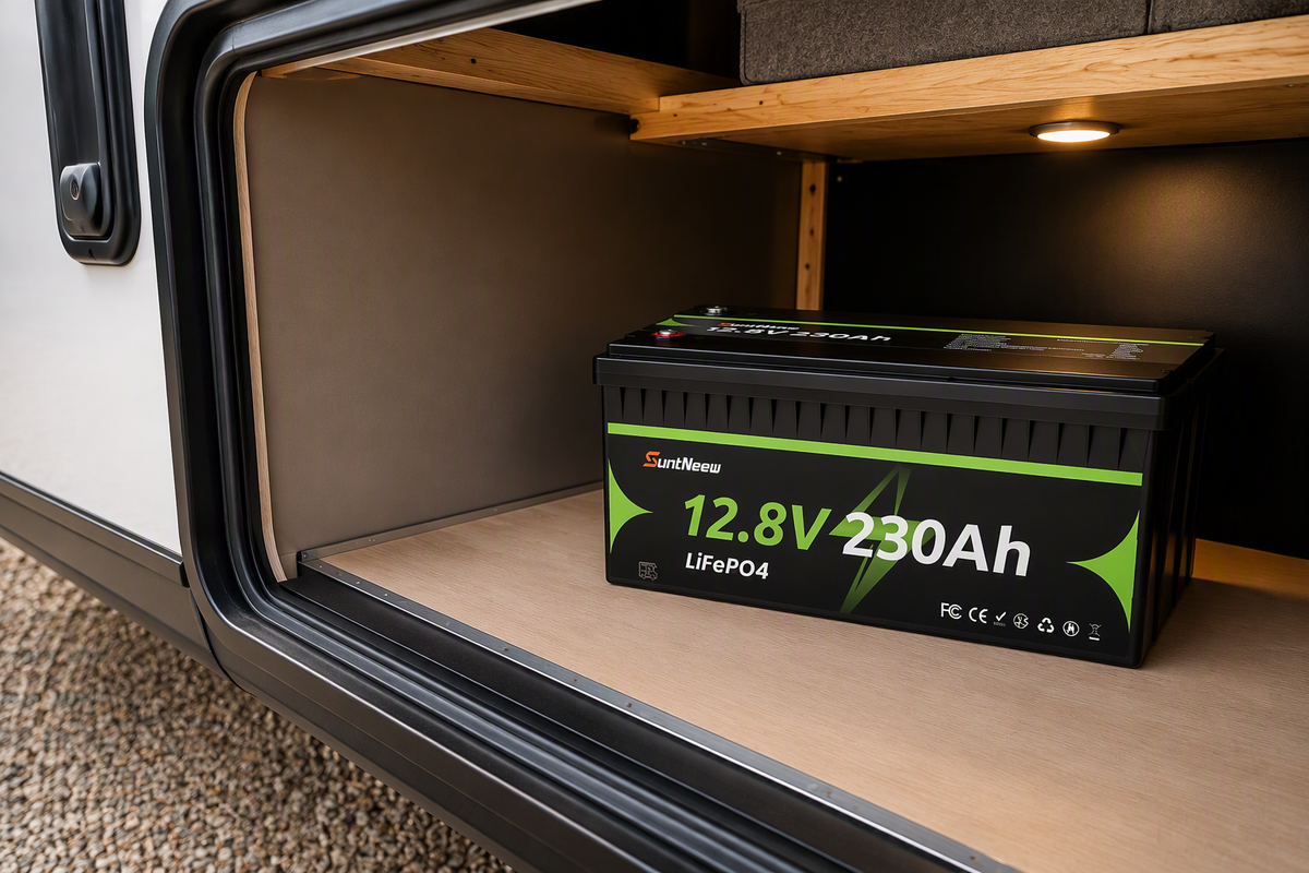 230Ah LiFePO4 battery in an RV utility compartment