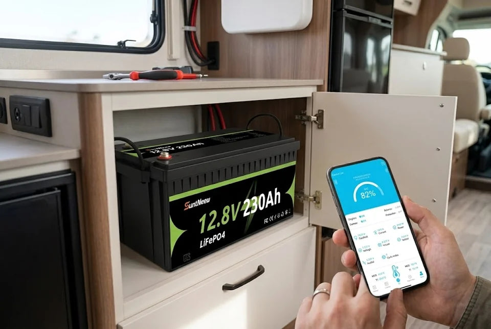 SuntNeew 230Ah LiFePO4 RV battery with Bluetooth status monitoring on a phone