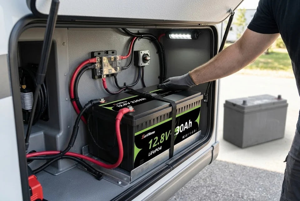 SuntNeew 230Ah LiFePO4 battery upgrade installation in an RV service compartment