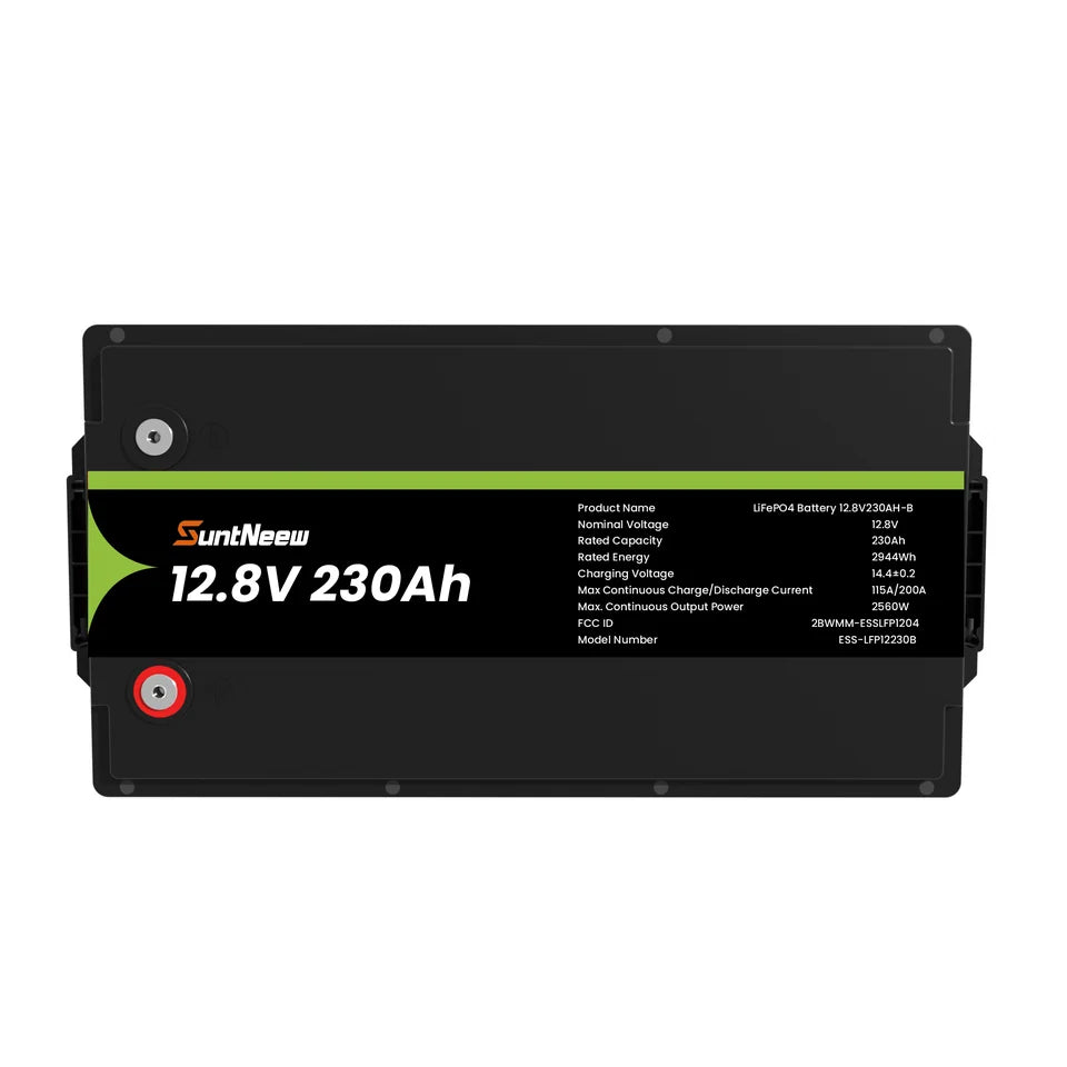 SuntNeew 230Ah LiFePO4 battery M8 terminal and polarity detail