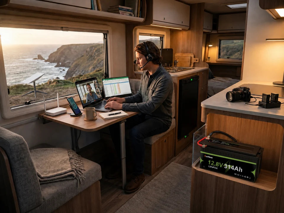 SuntNeew 314Ah LiFePO4 RV battery powering remote work inside a motorhome