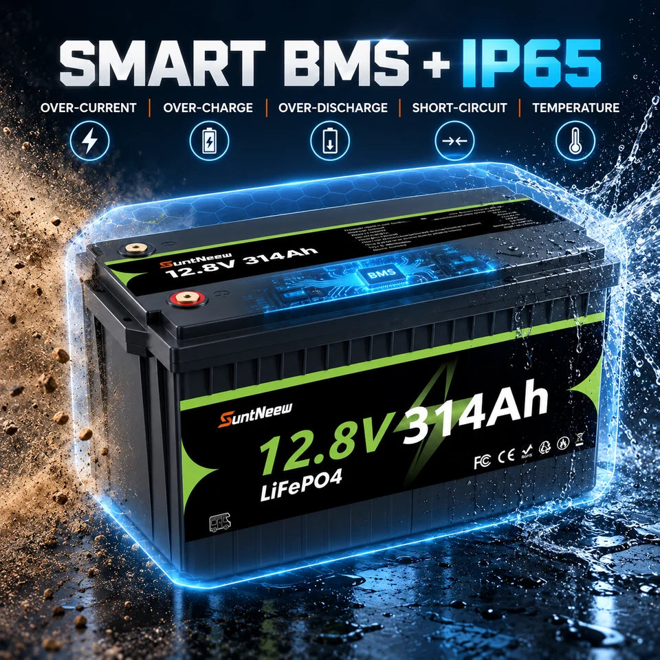 SuntNeew 314Ah LiFePO4 RV battery smart BMS and IP65 enclosure protection