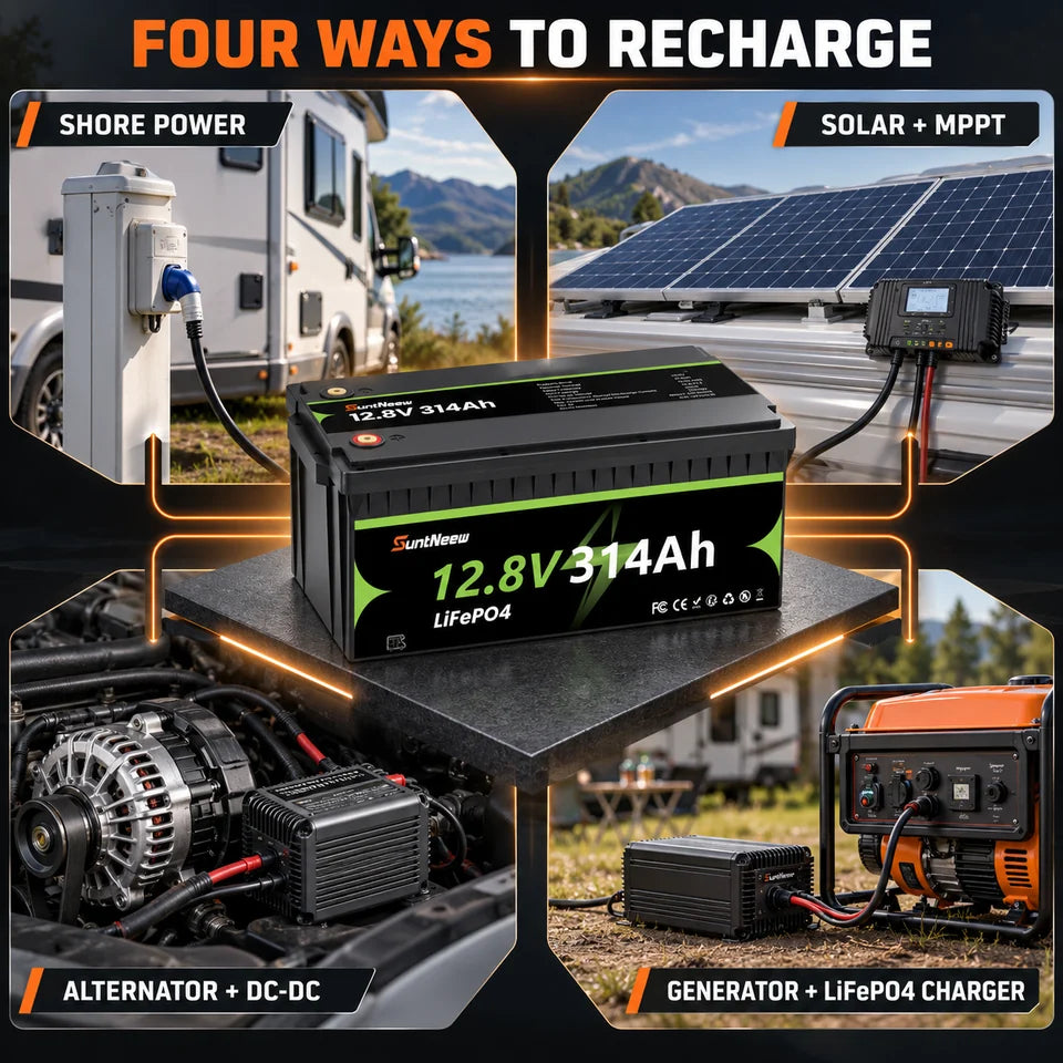 Four compatible ways to recharge the SuntNeew 12.8V 314Ah LiFePO4 RV battery