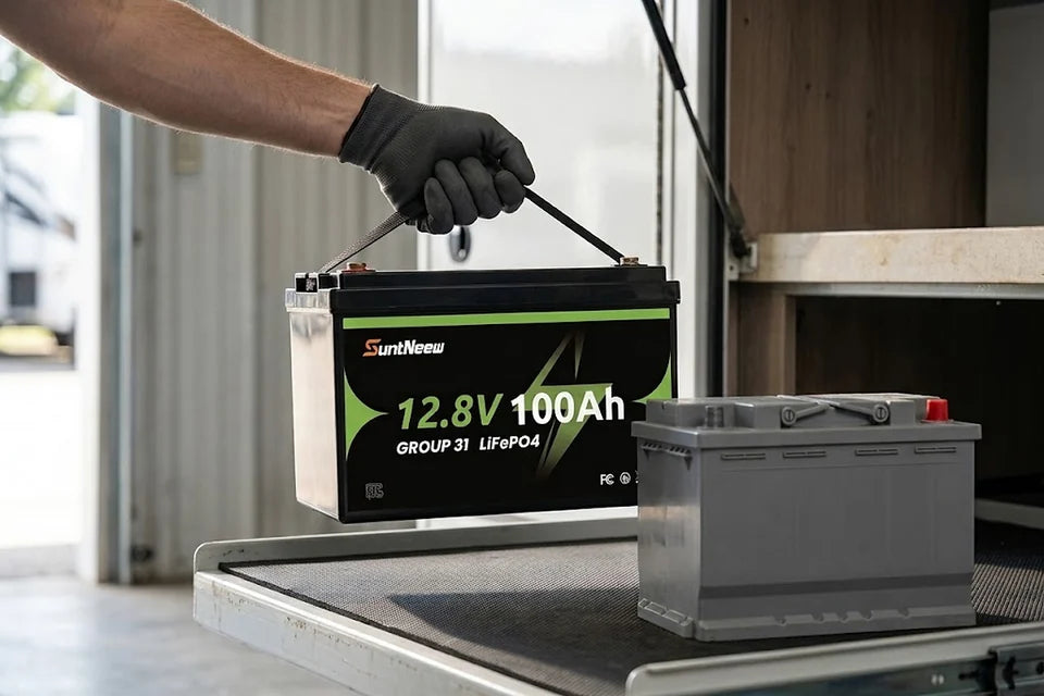 SuntNeew Group 31 LiFePO4 battery being carried beside a conventional lead-acid battery