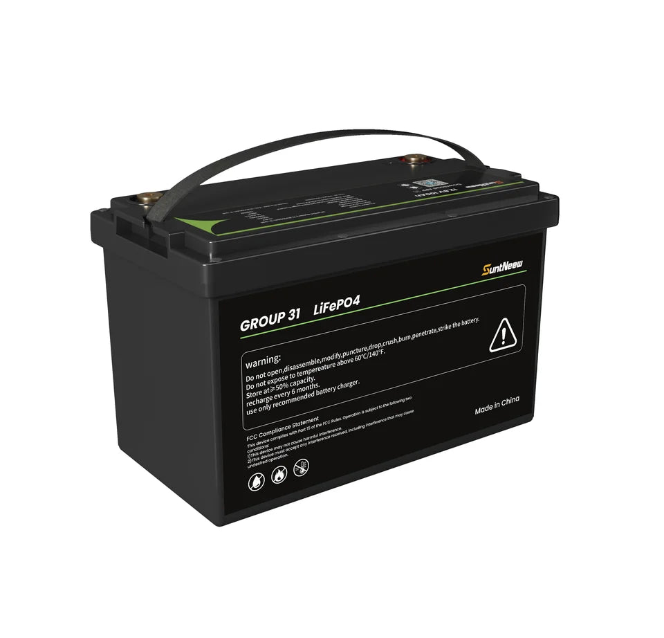 Rear three-quarter view of the SuntNeew Group 31 battery showing its top label, terminals and safety label