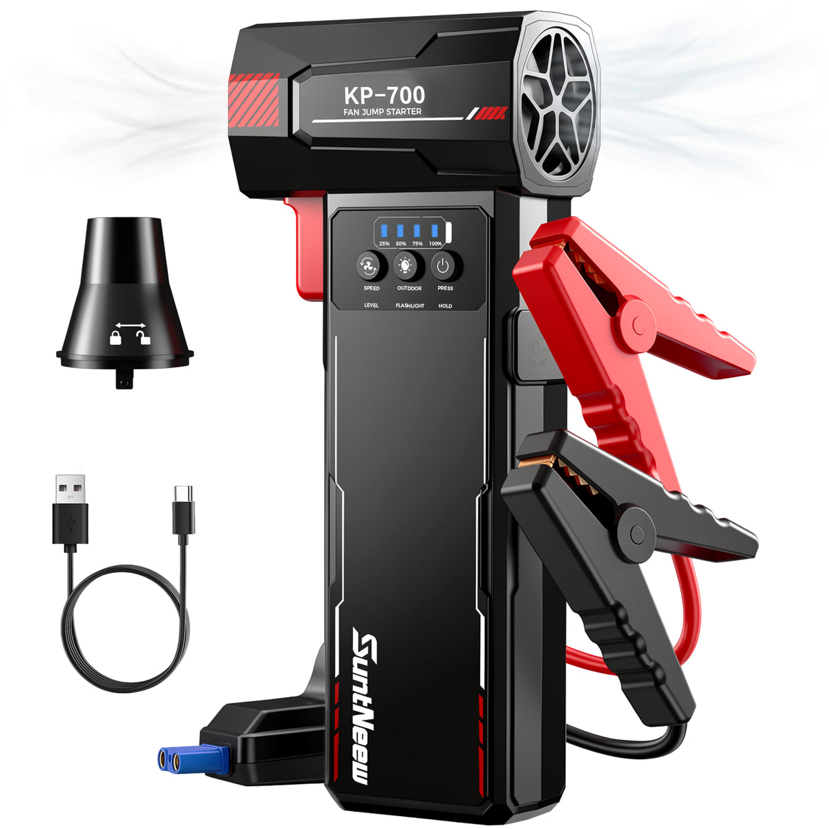 SuntNeew KB700 fan jump starter with smart clamps and air nozzle