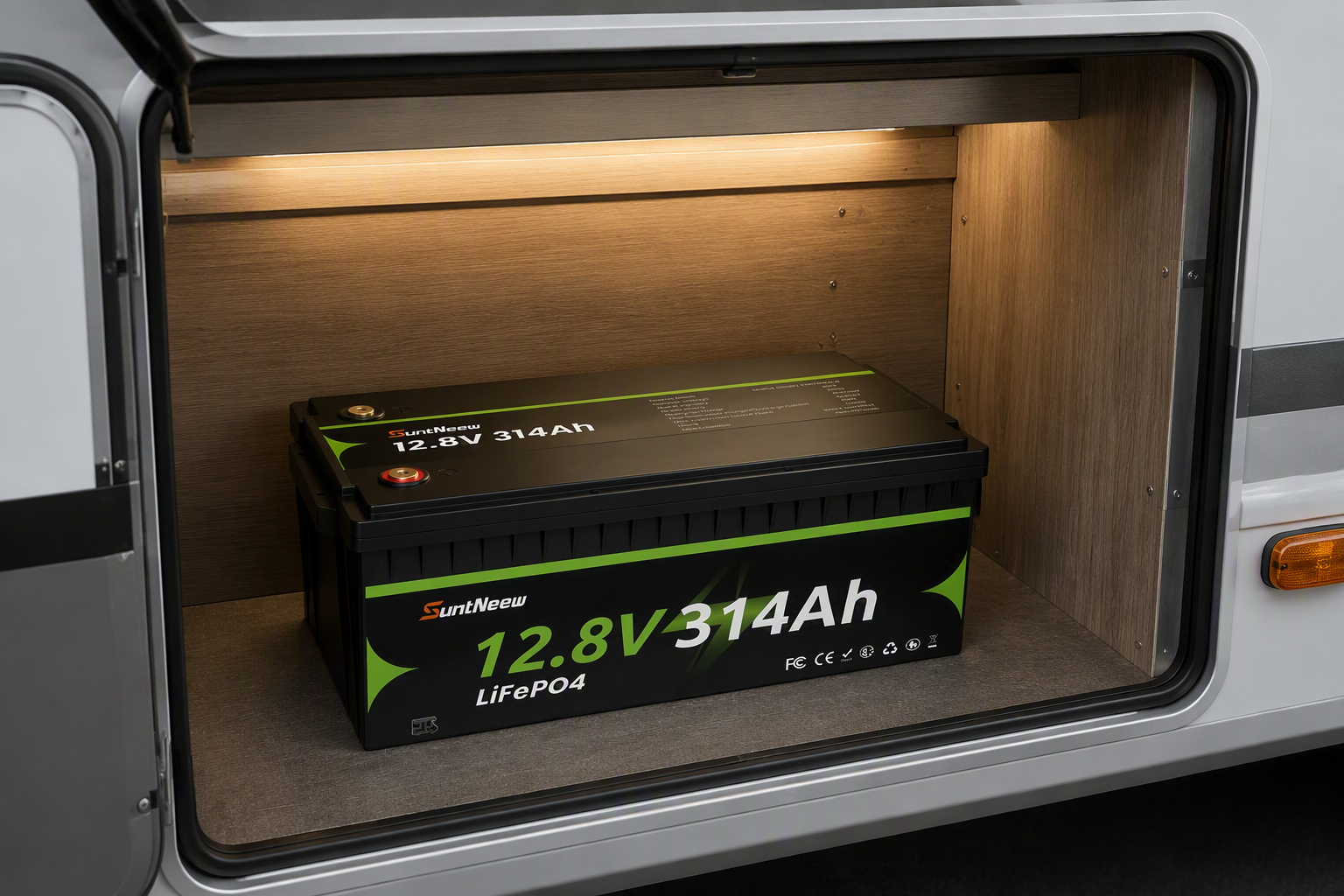 314Ah LiFePO4 battery in an RV utility compartment