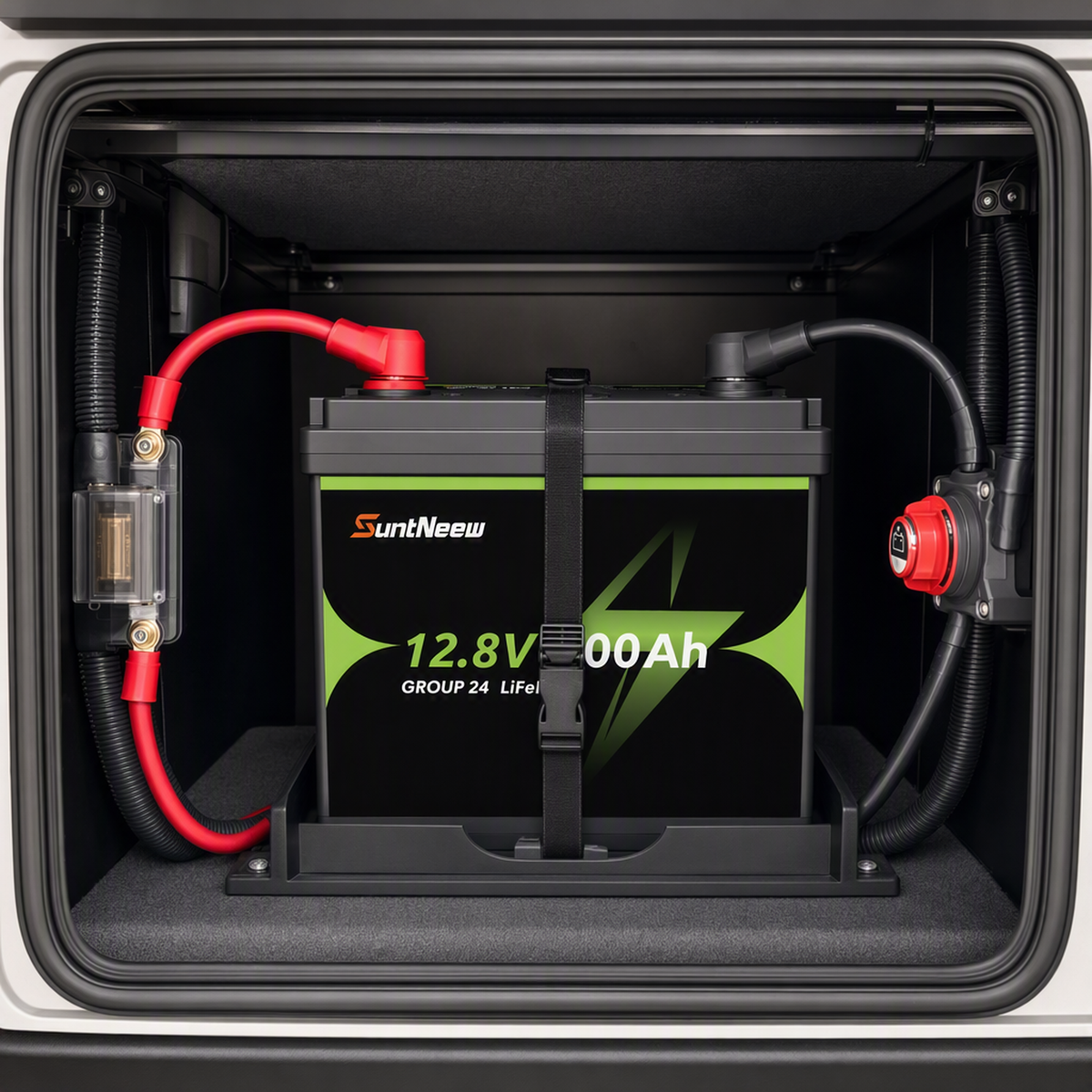 Group 24 100Ah LiFePO4 battery installed in an RV battery compartment