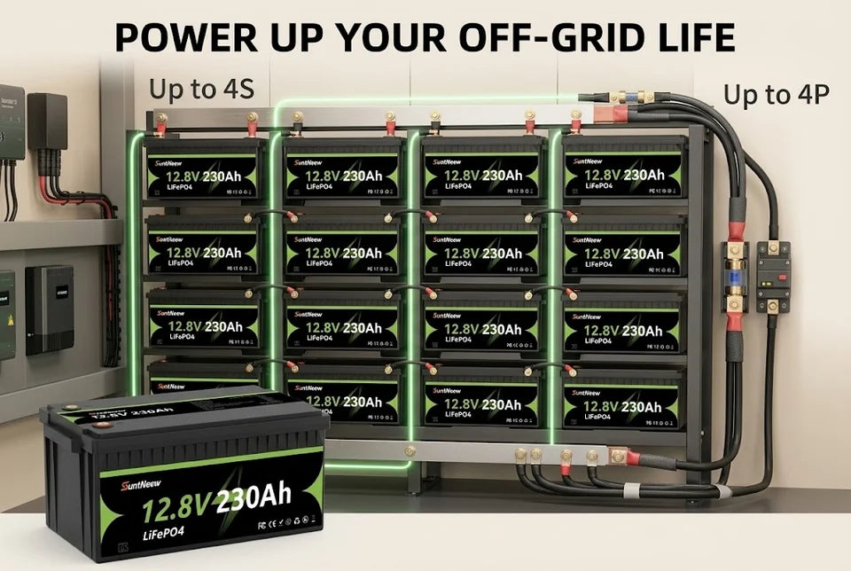 Matched SuntNeew 230Ah LiFePO4 batteries arranged as an expandable RV power bank