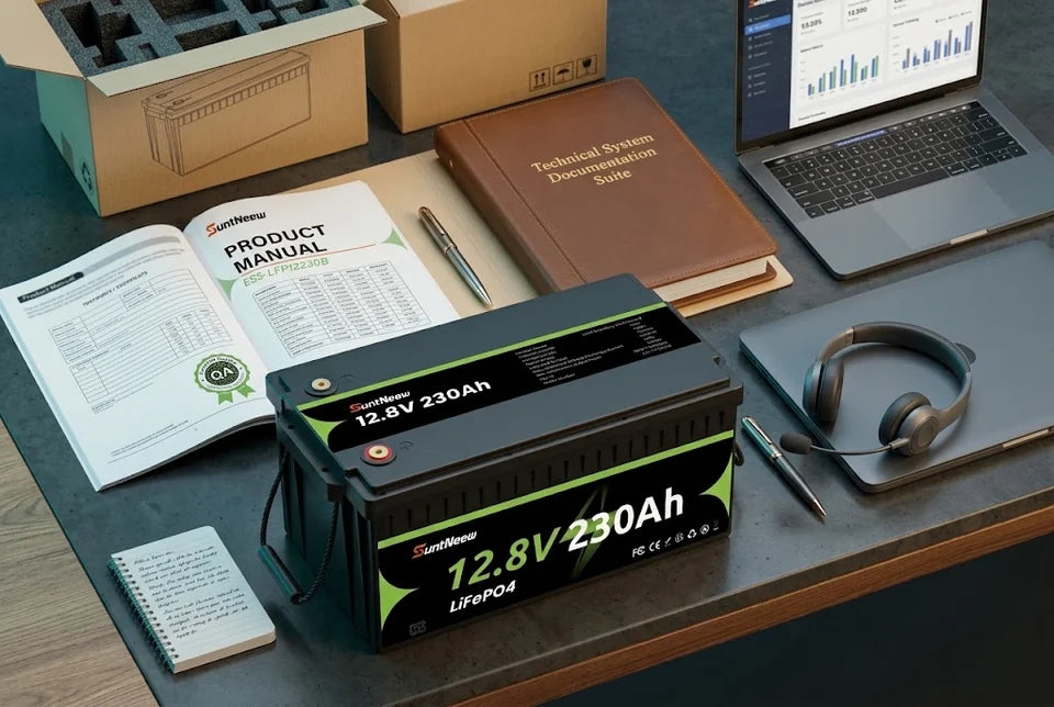 SuntNeew 230Ah LiFePO4 RV battery beside its product manual and technical documents