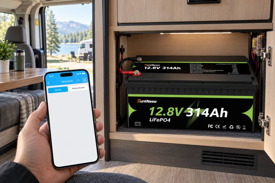 SuntNeew 314Ah LiFePO4 RV battery Bluetooth 5.0 monitoring inside an RV