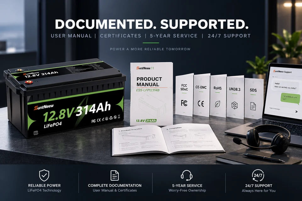 314Ah LiFePO4 RV battery with user manual, compliance documents and service support