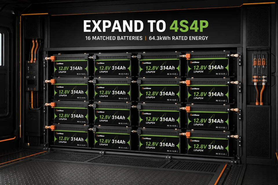 Sixteen matched SuntNeew 314Ah LiFePO4 batteries arranged in a 4S4P RV energy bank