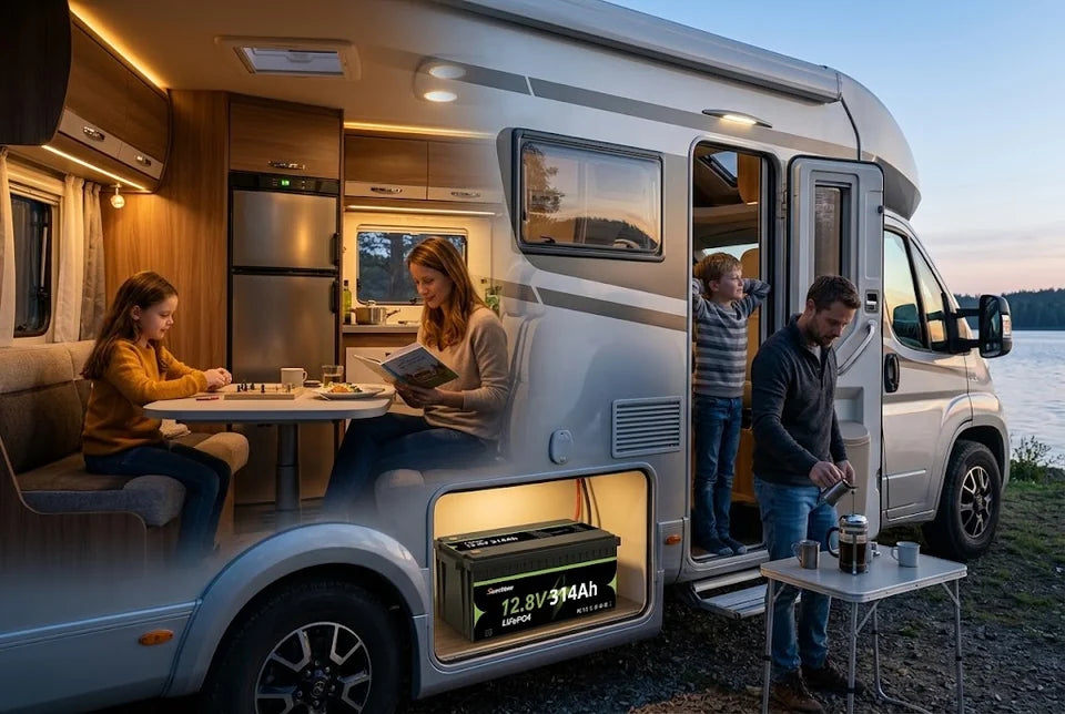SuntNeew 314Ah LiFePO4 RV battery supporting family RV living from evening to next morning