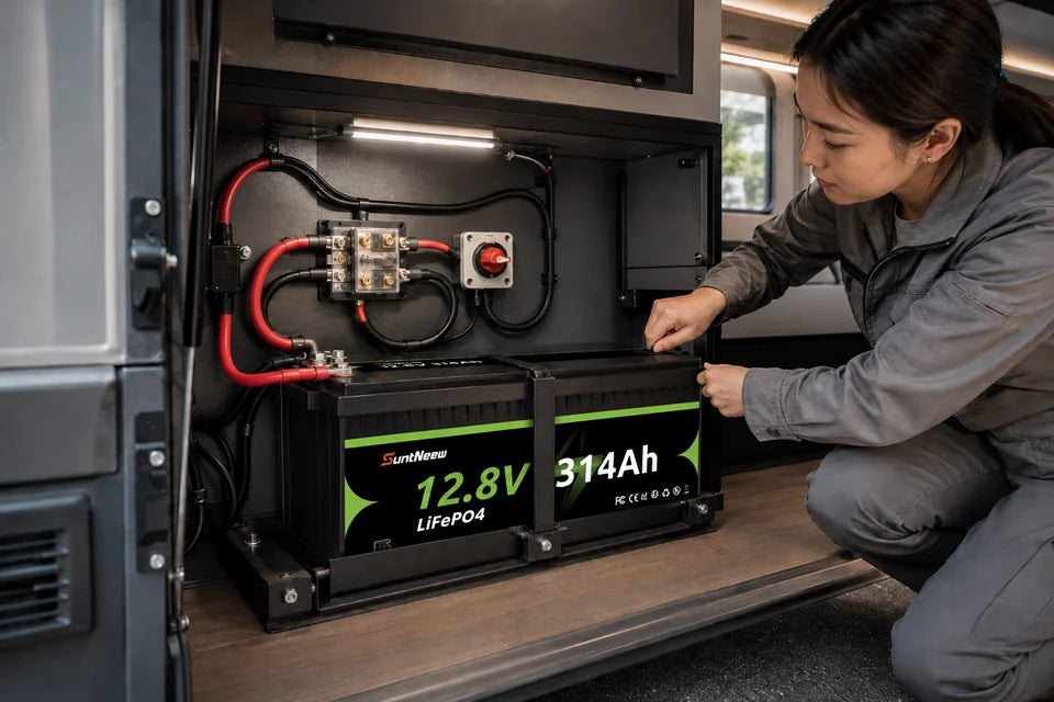 SuntNeew 314Ah LiFePO4 RV battery secured in a professional service-bay installation