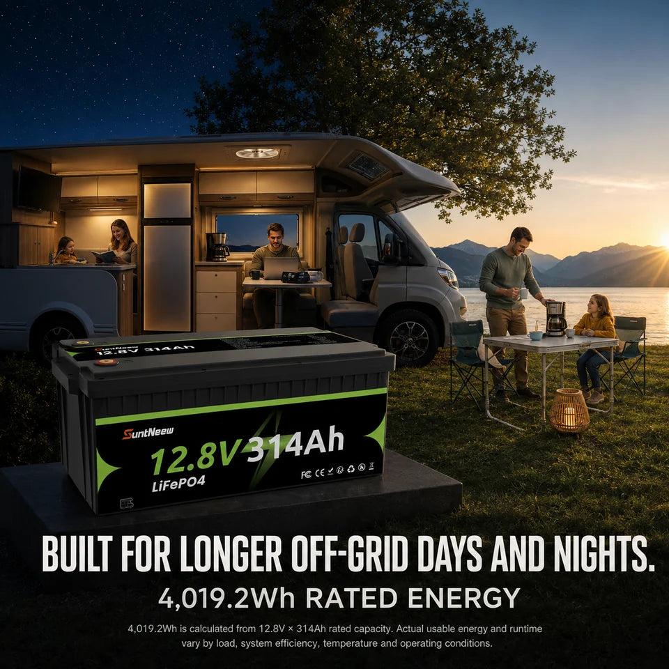 SuntNeew 314Ah LiFePO4 RV battery supporting longer off-grid reserve from evening through the next morning