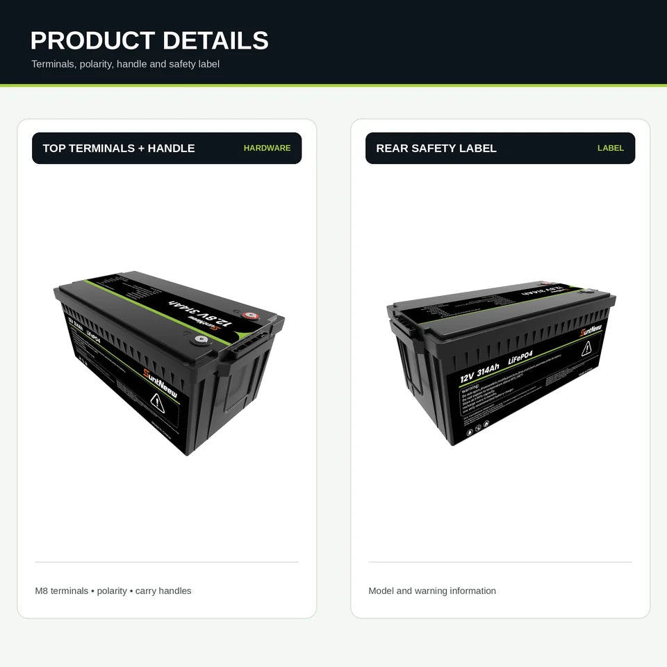 SuntNeew 314Ah LiFePO4 RV battery top M8 terminals, polarity, carry handle and rear safety label