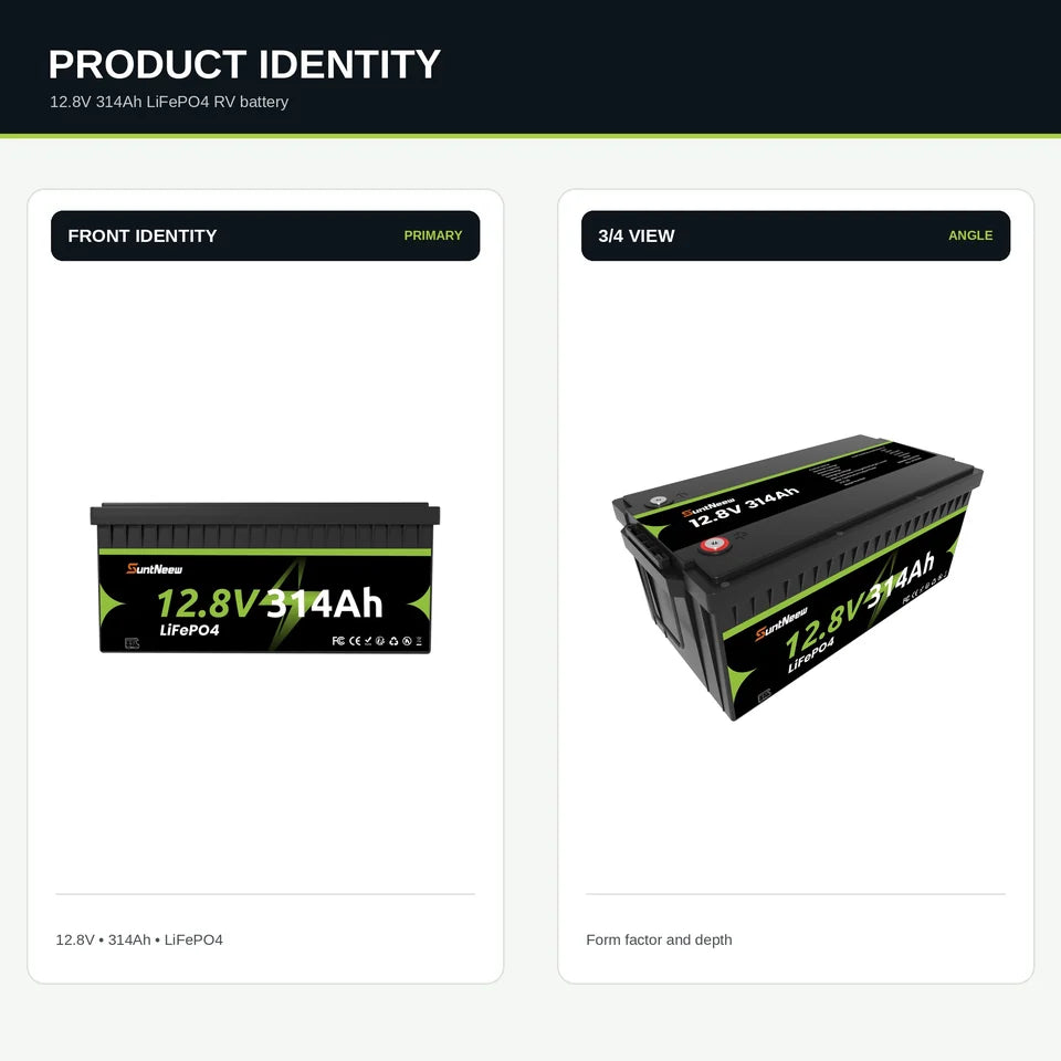 SuntNeew 314Ah LiFePO4 RV battery front identity label and three-quarter product view