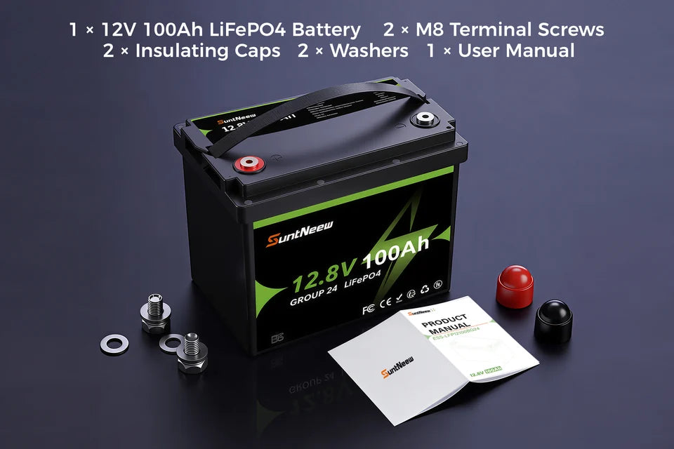 SuntNeew Group 24 battery with included terminal hardware and manual