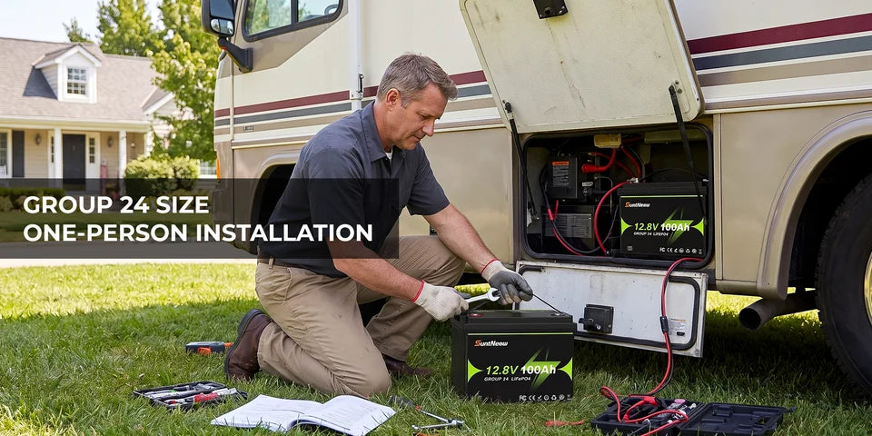 Group 24 LiFePO4 battery shown during an RV installation