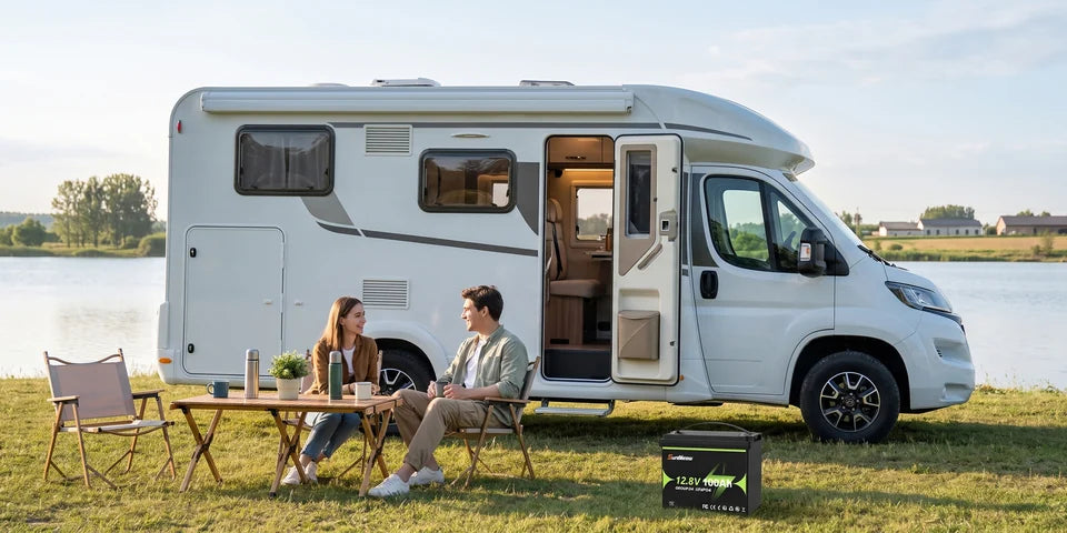 SuntNeew Group 24 battery beside a motorhome at a lakeside campsite