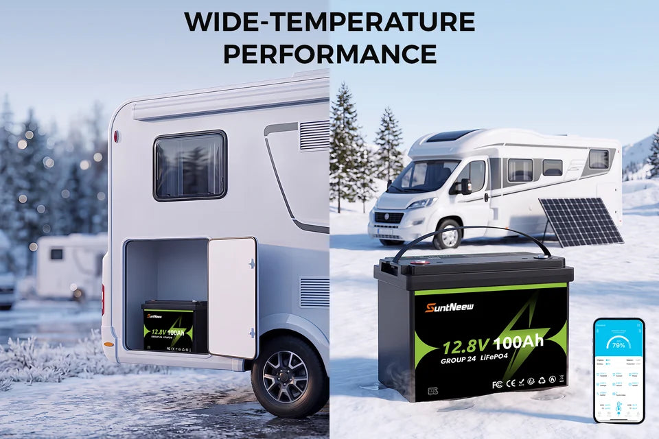 SuntNeew Group 24 battery in a cold-weather RV setting