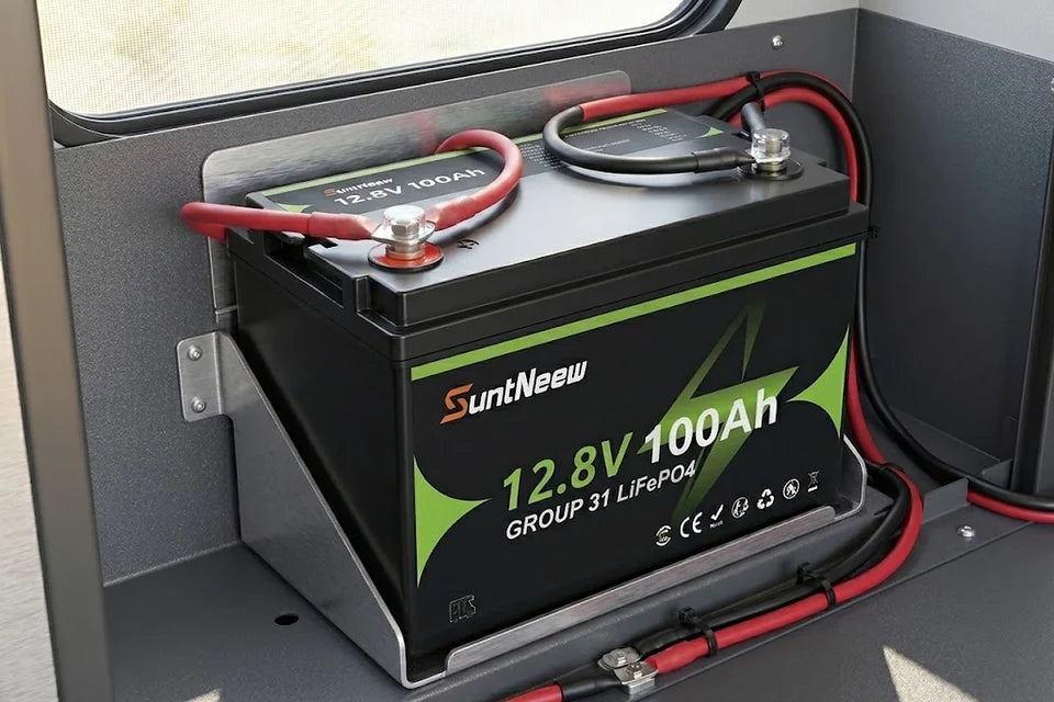 SuntNeew Group 31 battery secured in an RV auxiliary battery bay