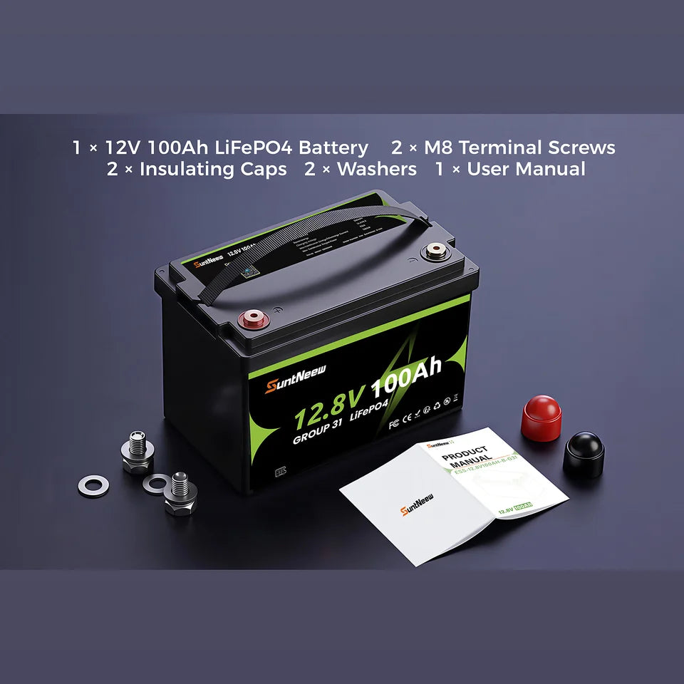 SuntNeew Group 31 battery, terminal hardware, insulating caps and product manual