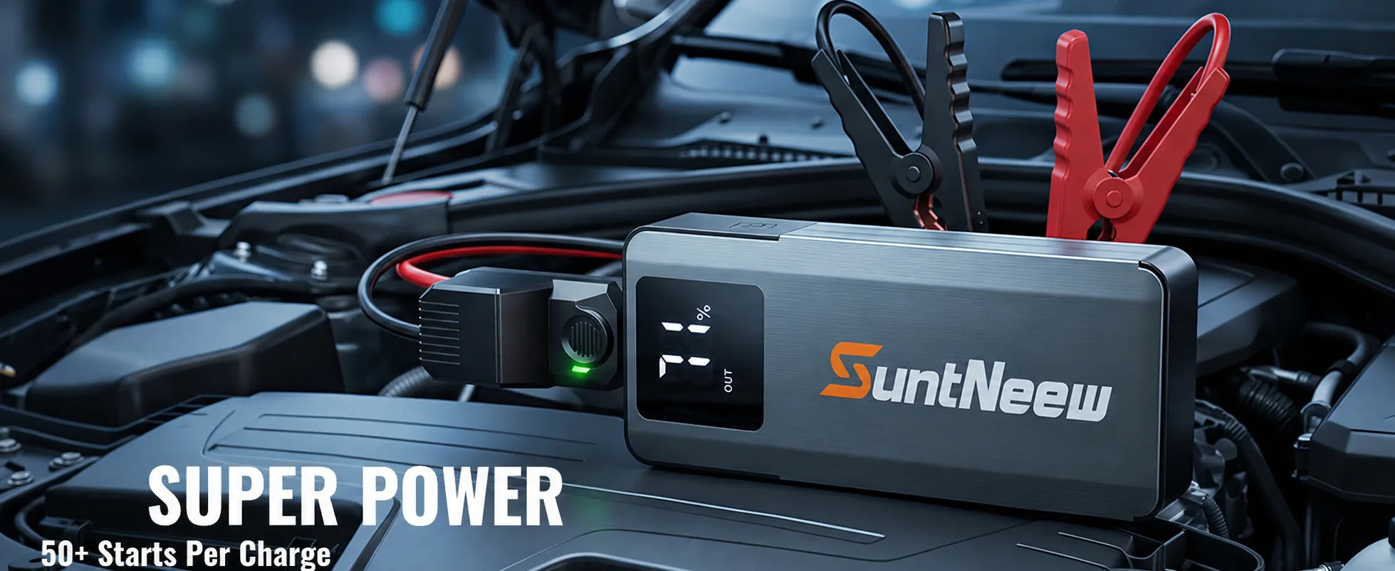 SuntNeew A3 super-power jump starter in a vehicle engine bay