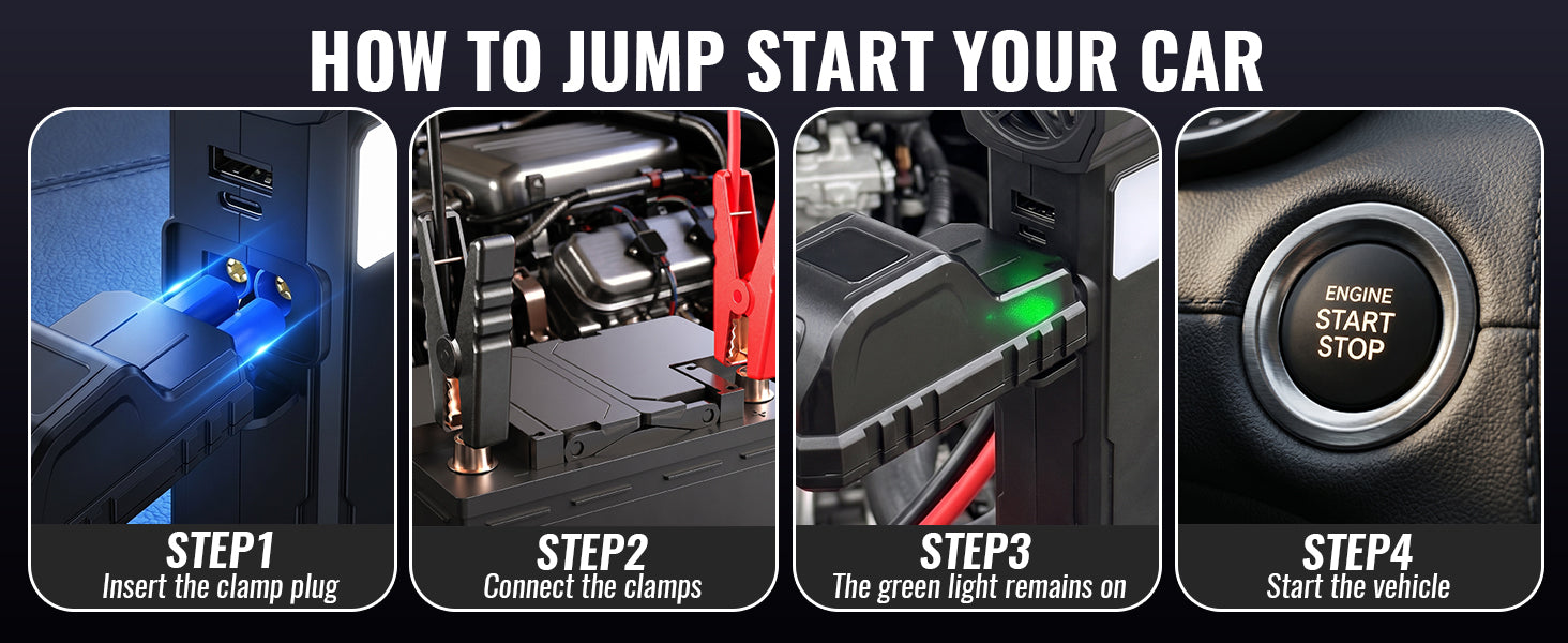 Four illustrated KB700 jump-start steps: insert the plug, connect the clamps, confirm the green light and start the vehicle