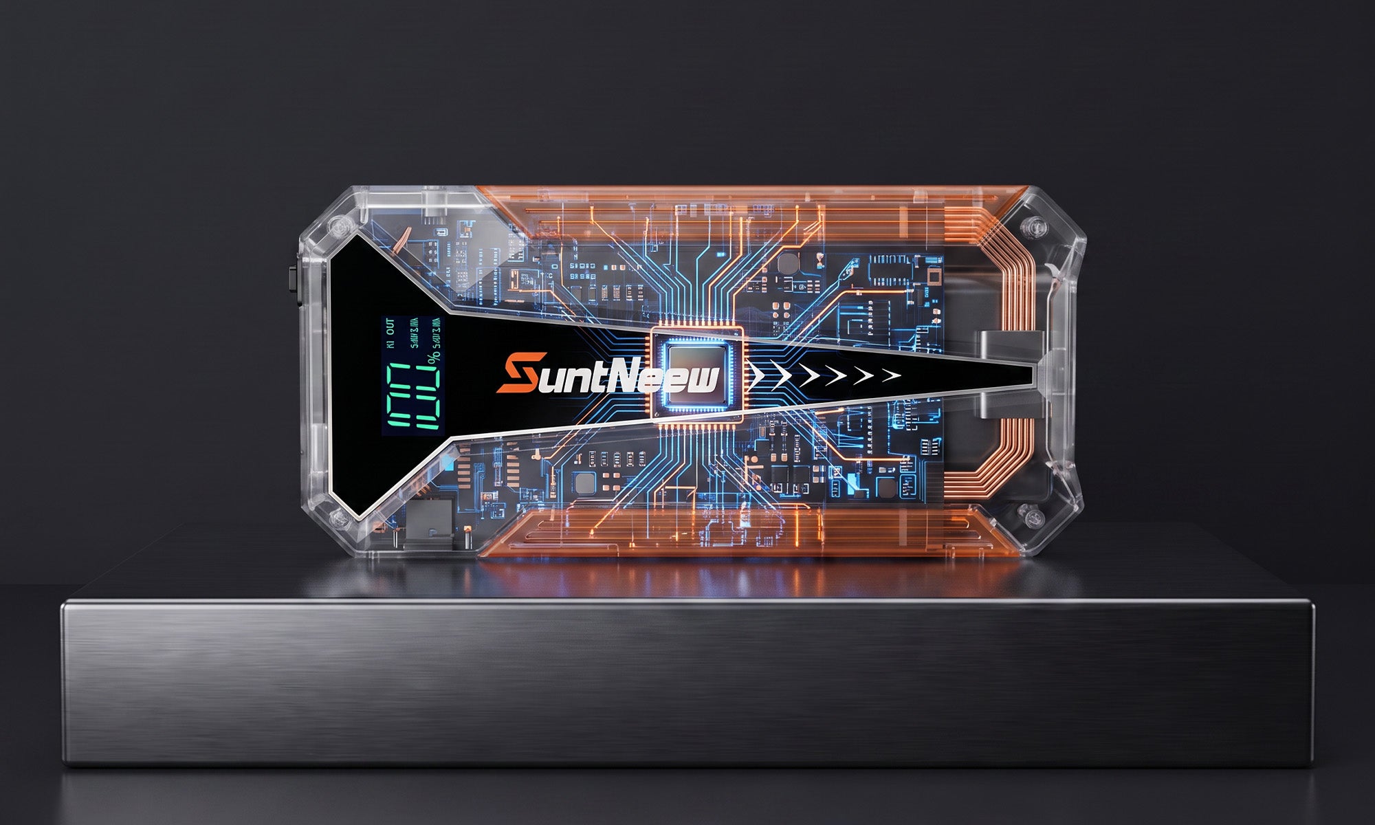 SuntNeew jump starter connected in an engine bay