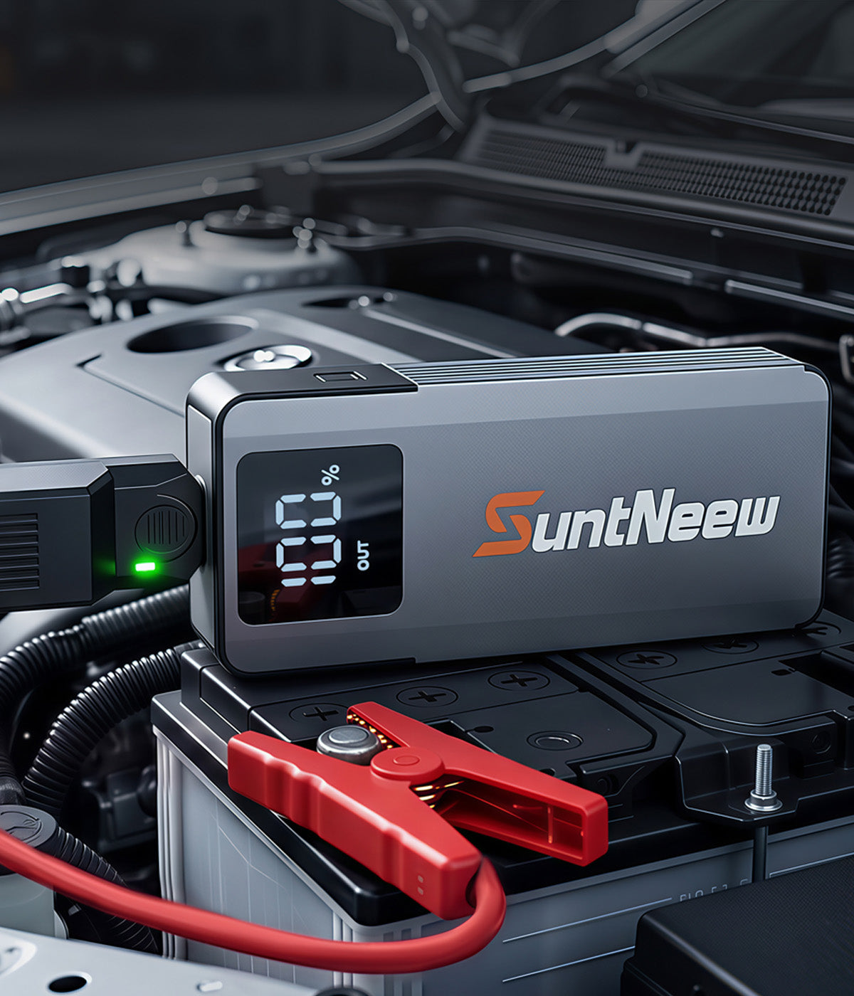 SuntNeew jump starter connected to a vehicle battery