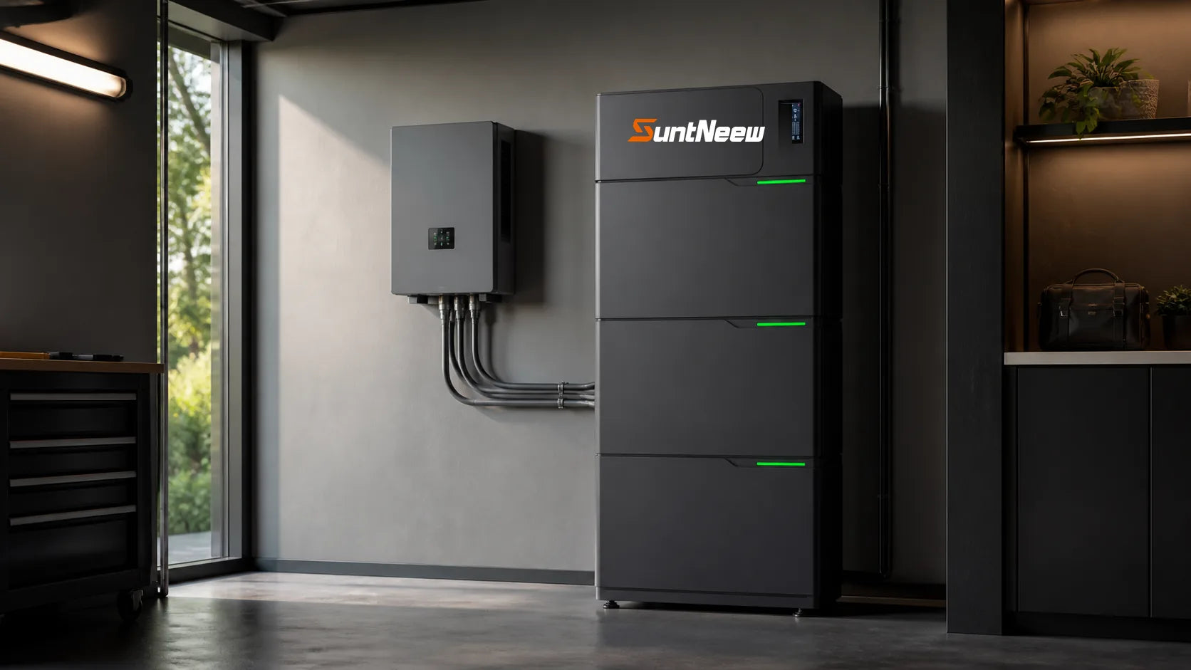 SuntNeew VH high-voltage battery stack installed in a dedicated home energy room
